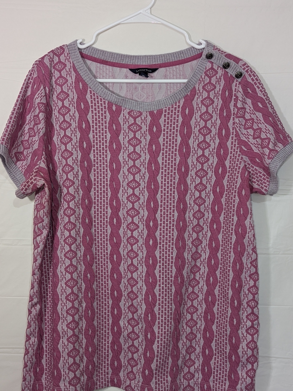 Lands’ End Pink Stripe Knit Top XL 18 Nautical Button Shoulder Short Sleeve